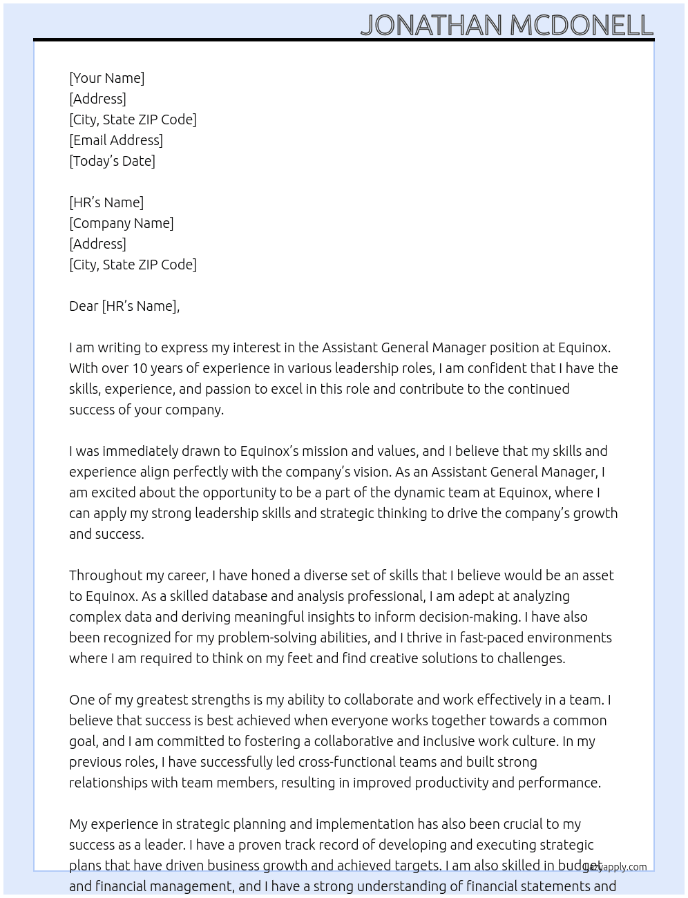 Assistant General Manager At Equinox Cover Letter