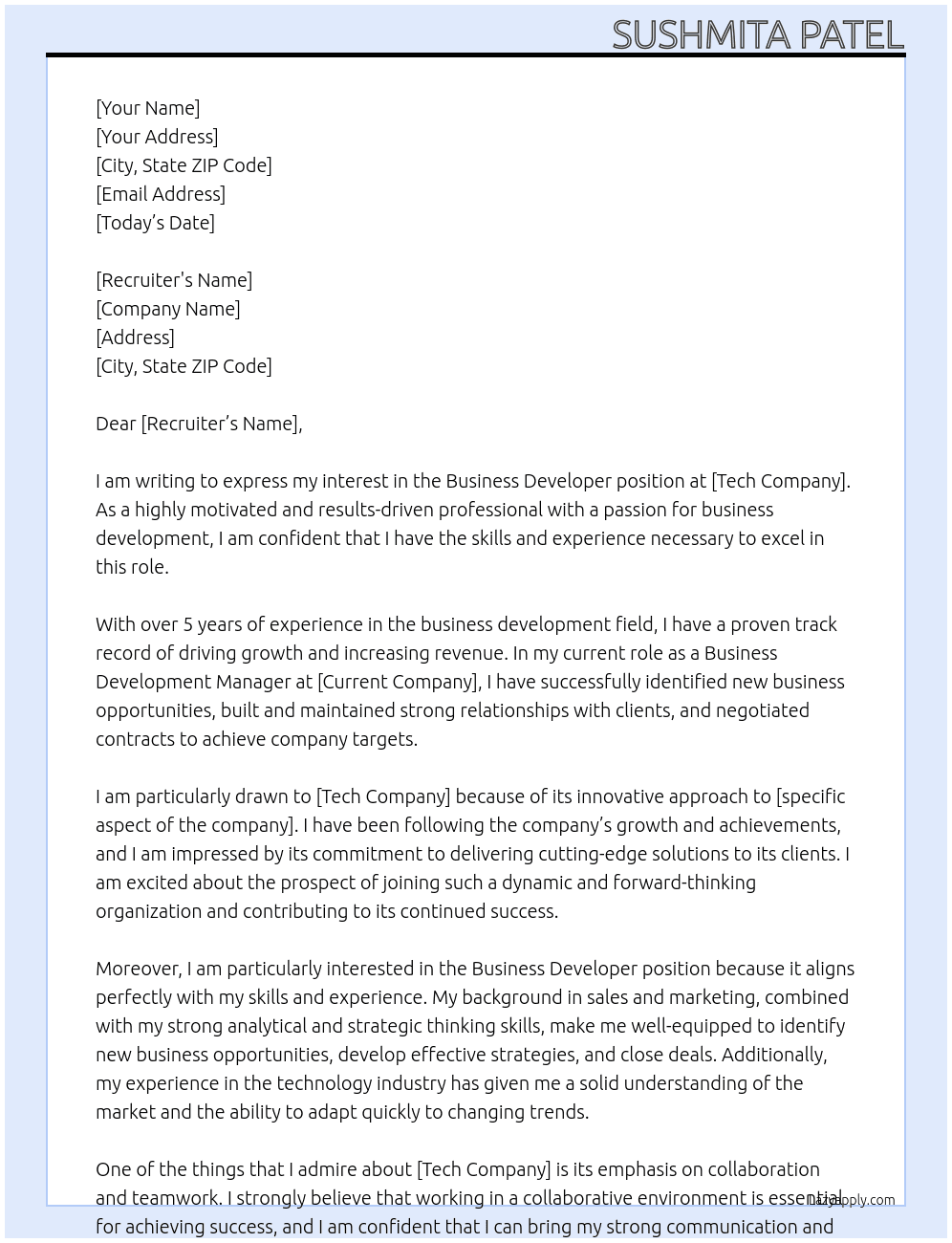 BUSINESS DEVELOPER At TECH COMPANY Cover Letter