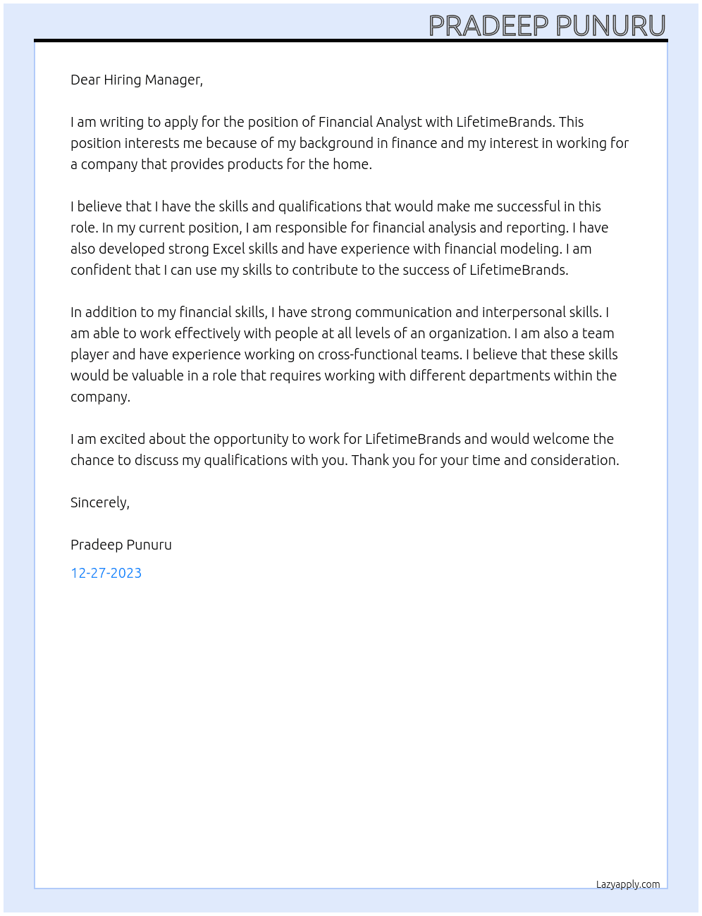 Financial Analyst At LifetimeBrands Cover Letter