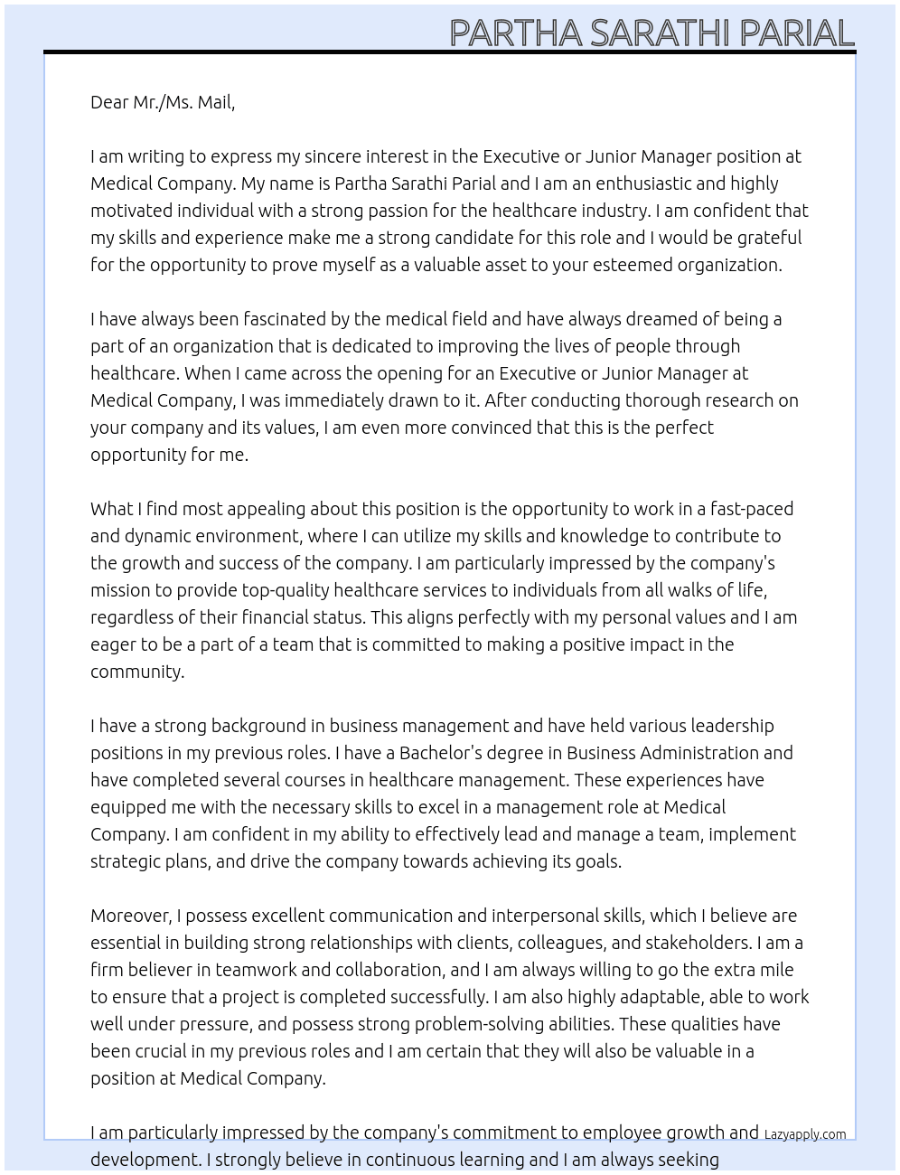 Request for giving a single chance  for executive or Junior Manager post. At medical Cover Letter