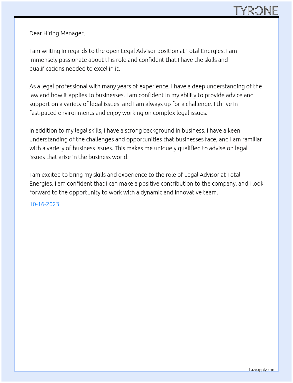 Legal Advisor At Total Energies  Cover Letter