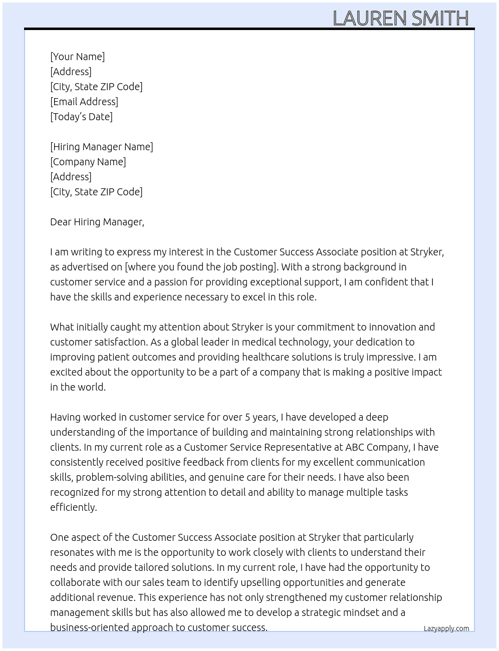 Customer Success Associate At Stryker Cover Letter