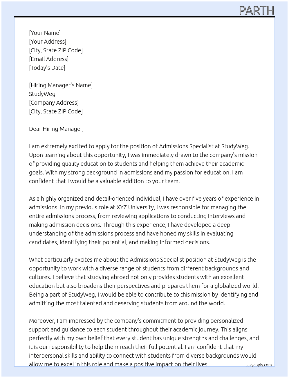 Admissions Specialist At StudyWeg Cover Letter