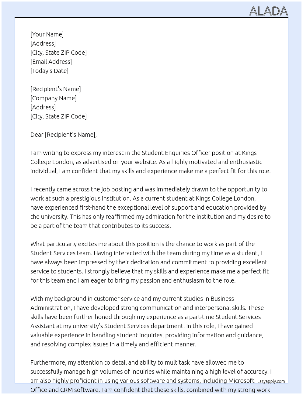 Student Enquiries Officer At Kings College London Cover Letter
