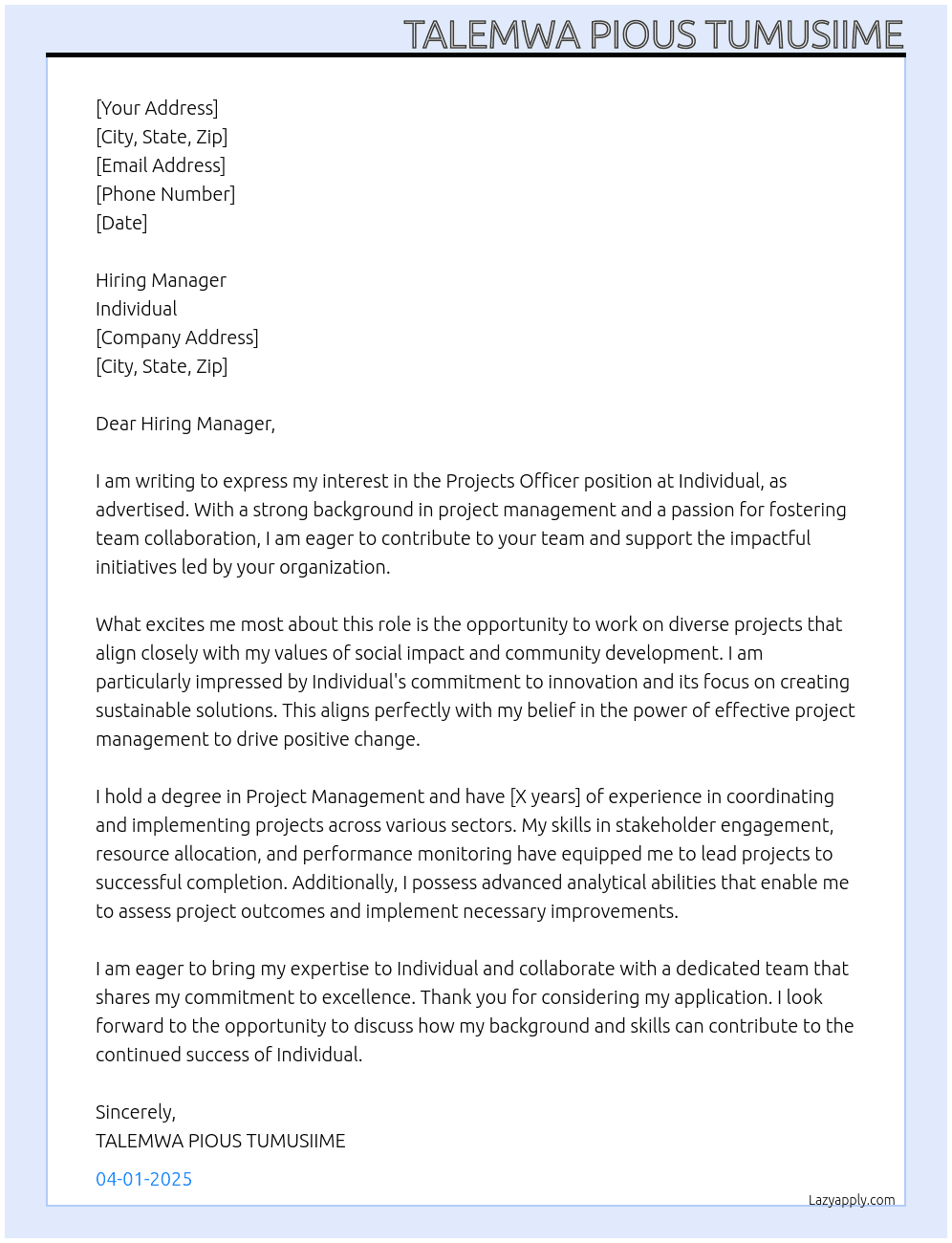 Projects officer At Individual Cover Letter