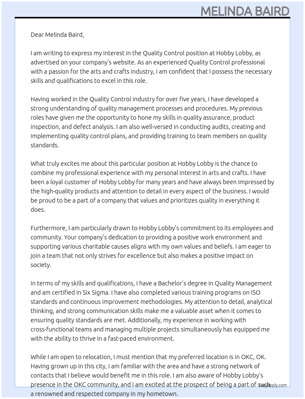 Quality Control At Hobby Lobby Cover Letter