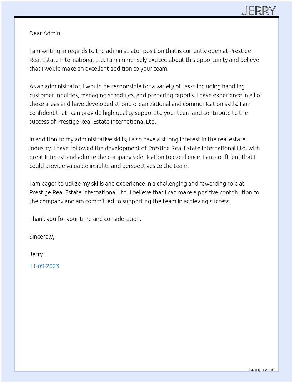 Administrator - Part Time At Prestige Real Estate International Ltd Cover Letter