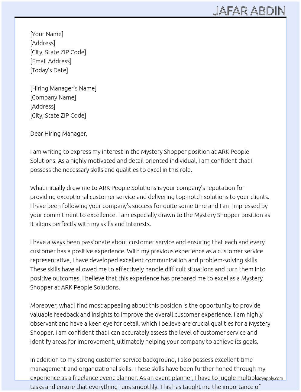 Mystery shopper At ARK people solutions Cover Letter