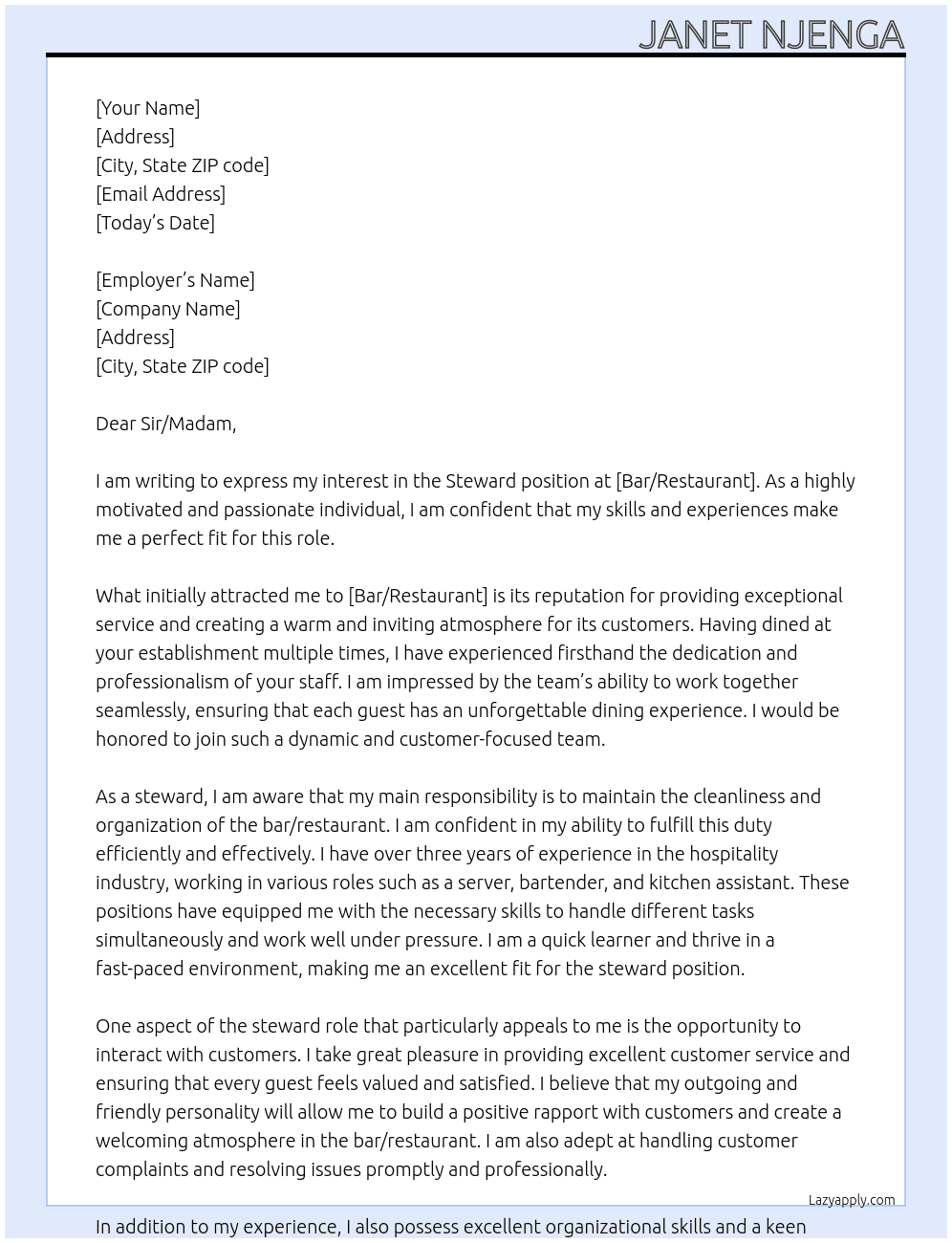 steward in a bar/restaurant At bar/restaurant Cover Letter