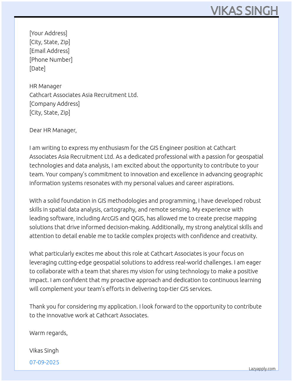 GIS Engineer  At Cathcart Associates Asia Recruitment Ltd. Cover Letter