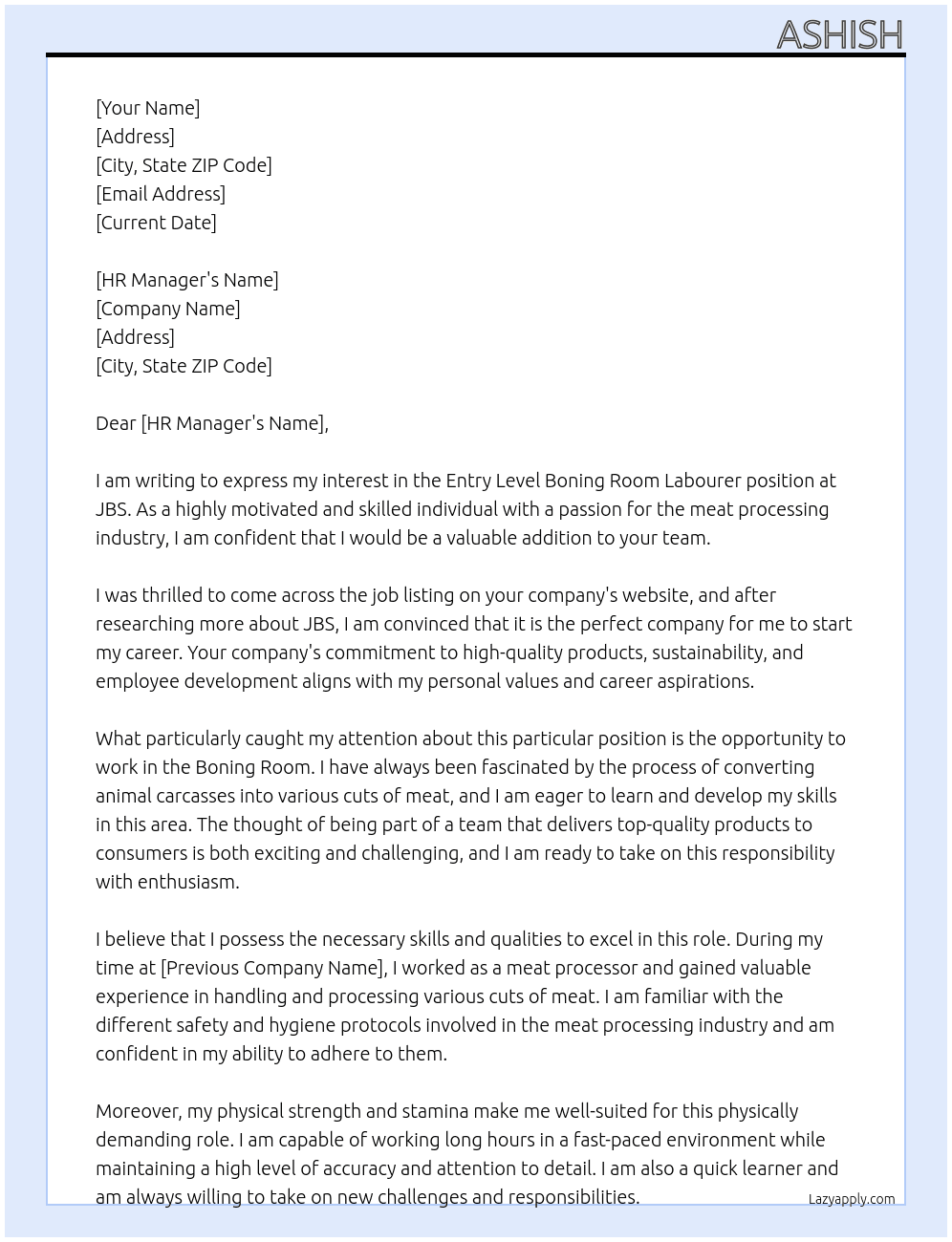 Entry Level Boning Room Labourer At JBS Cover Letter