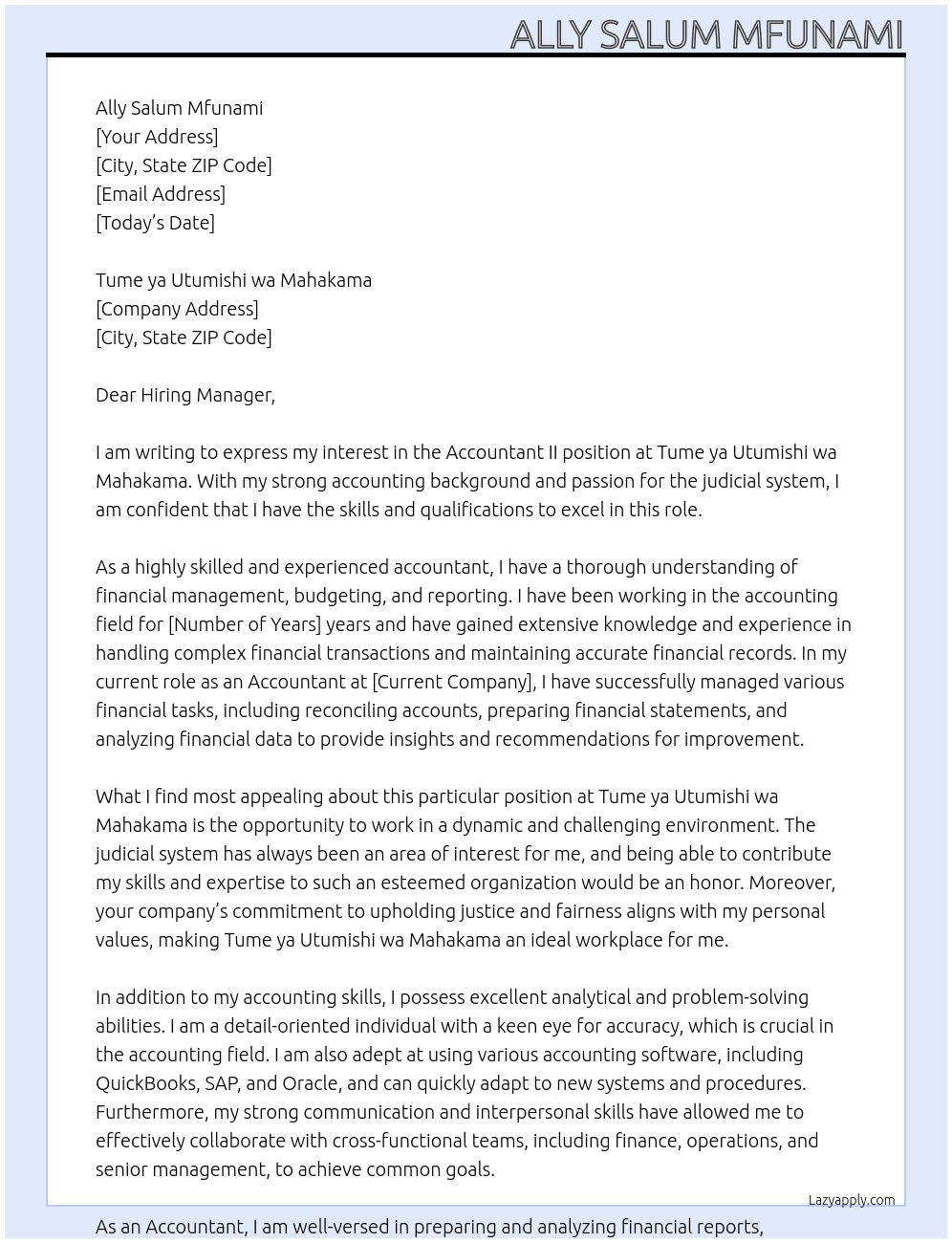 Accountant II  At Tume ya Utumishi wa Mahakama Cover Letter