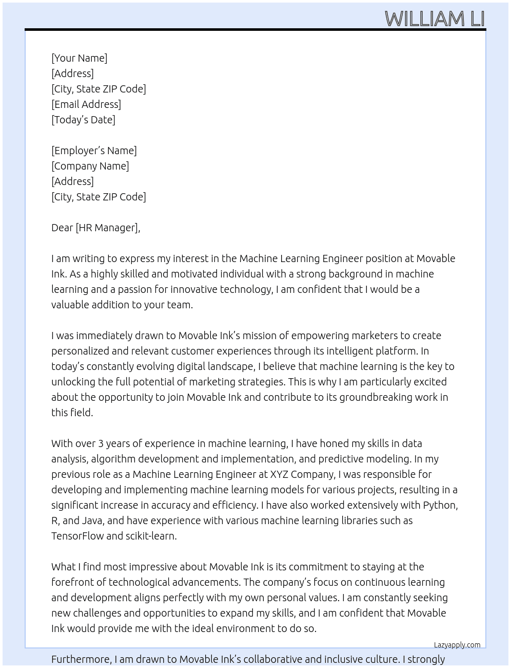 Machine Learning Engineer At Movable Ink Cover Letter