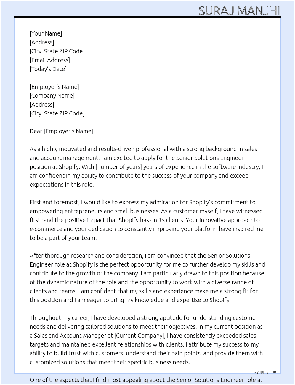 Senior Solutions Engineer At Shopify Cover Letter