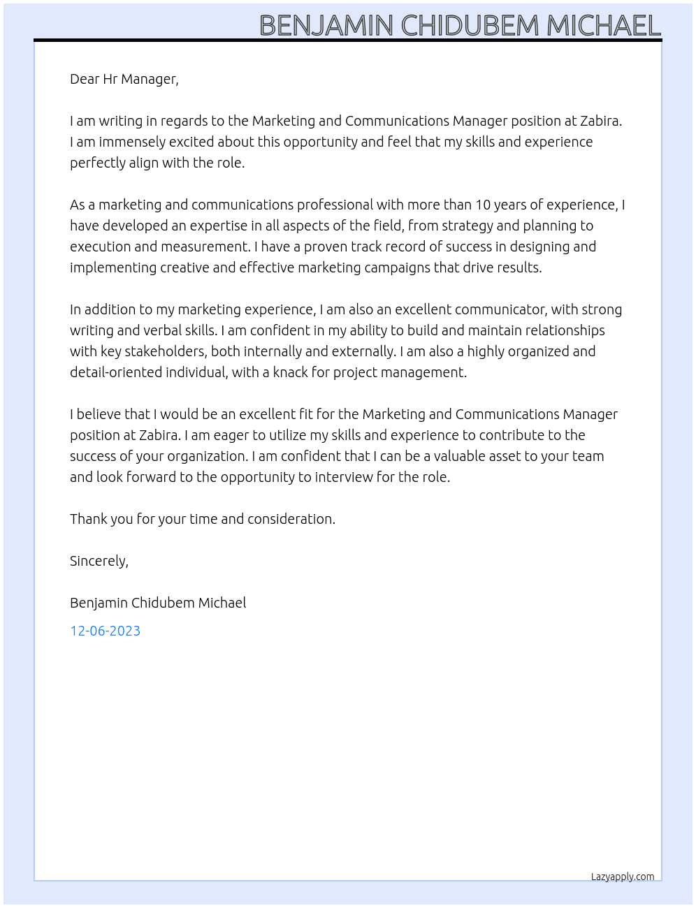 Marketing and Communications Manager At ZABIRA Cover Letter