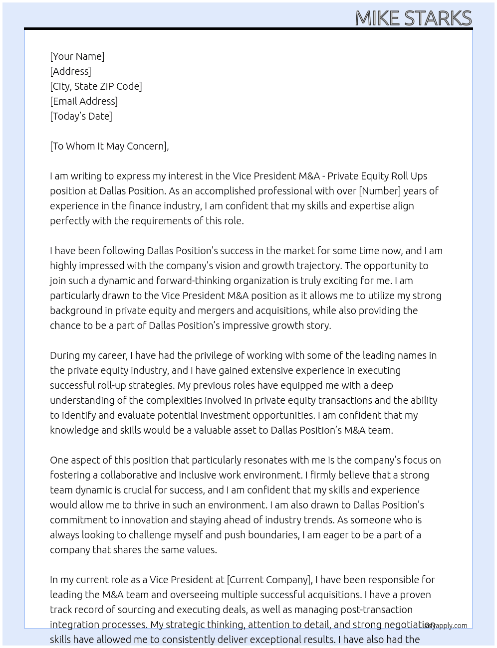 Vice Presdient M&A - Private equity Roll Ups At Dallas Position Cover Letter