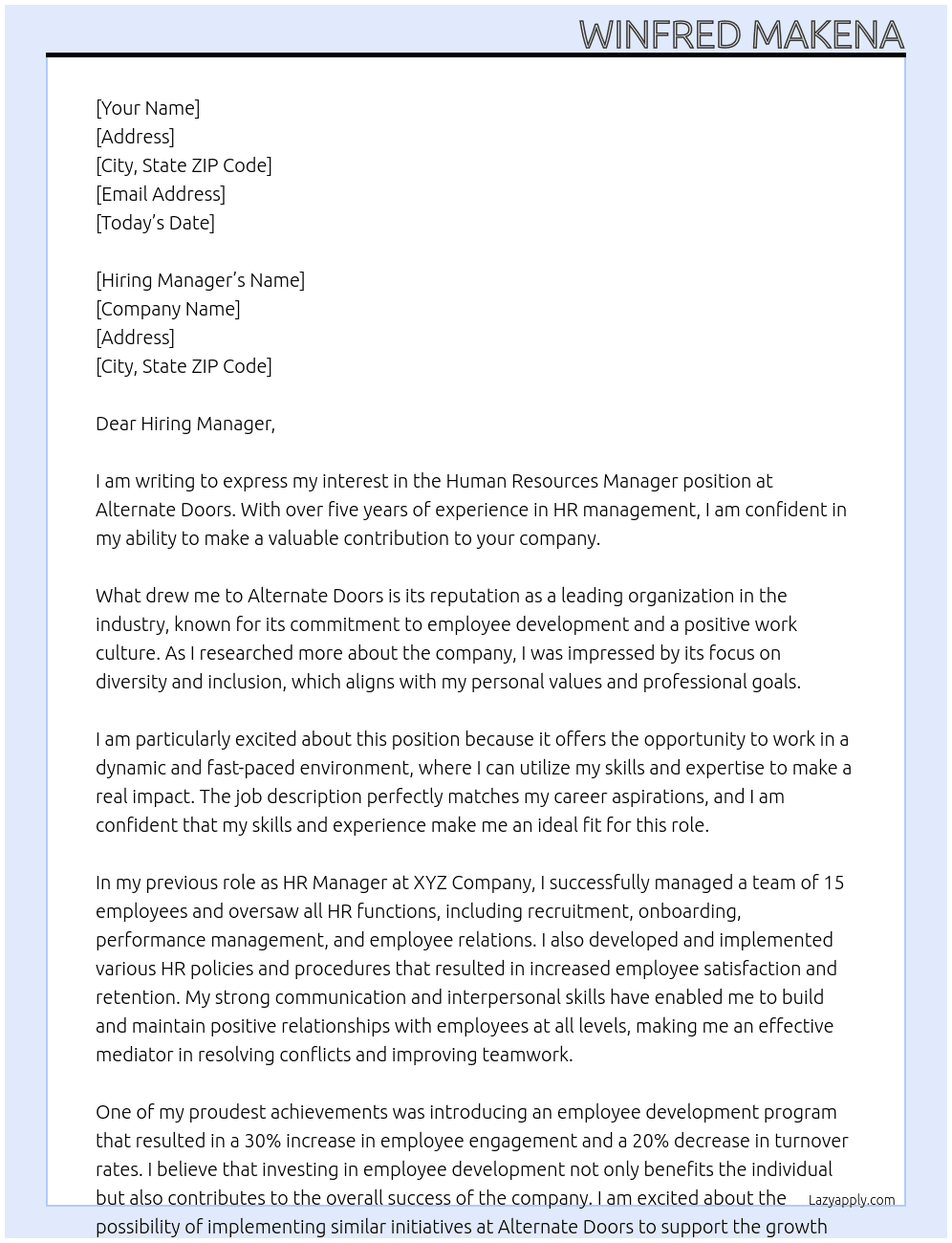 Human resources manager At Alternate dorrs Cover Letter