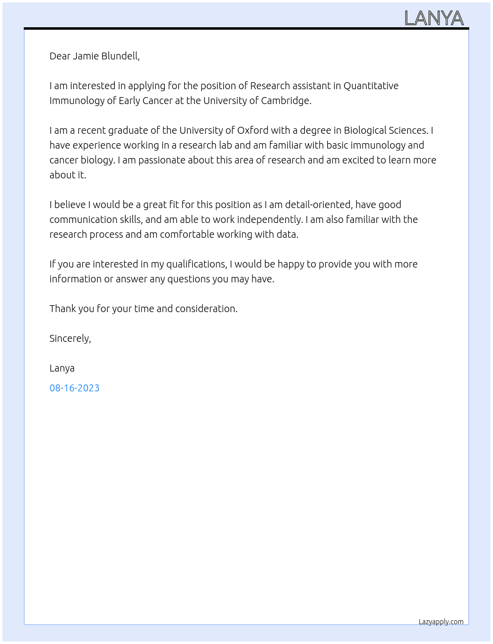 Research assistant in Quantitative Immunology of Early Cancer At University of Cambrdige  Cover Letter