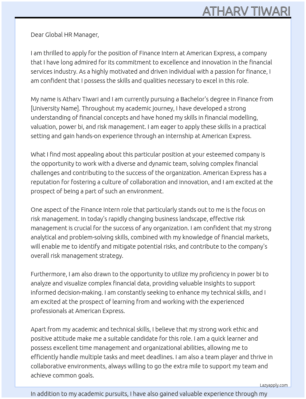 Finance Intern At American express Cover Letter