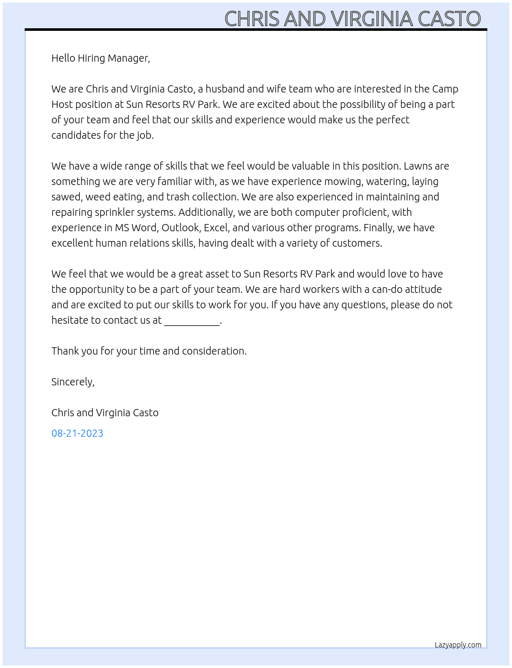 Camp host  At Sun Resorts RV Park Cover Letter