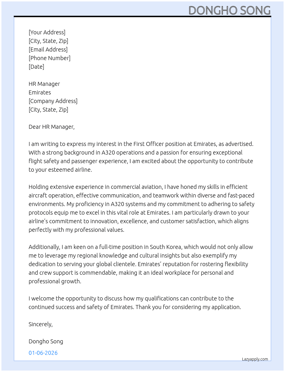 First Officer At Emirates Cover Letter