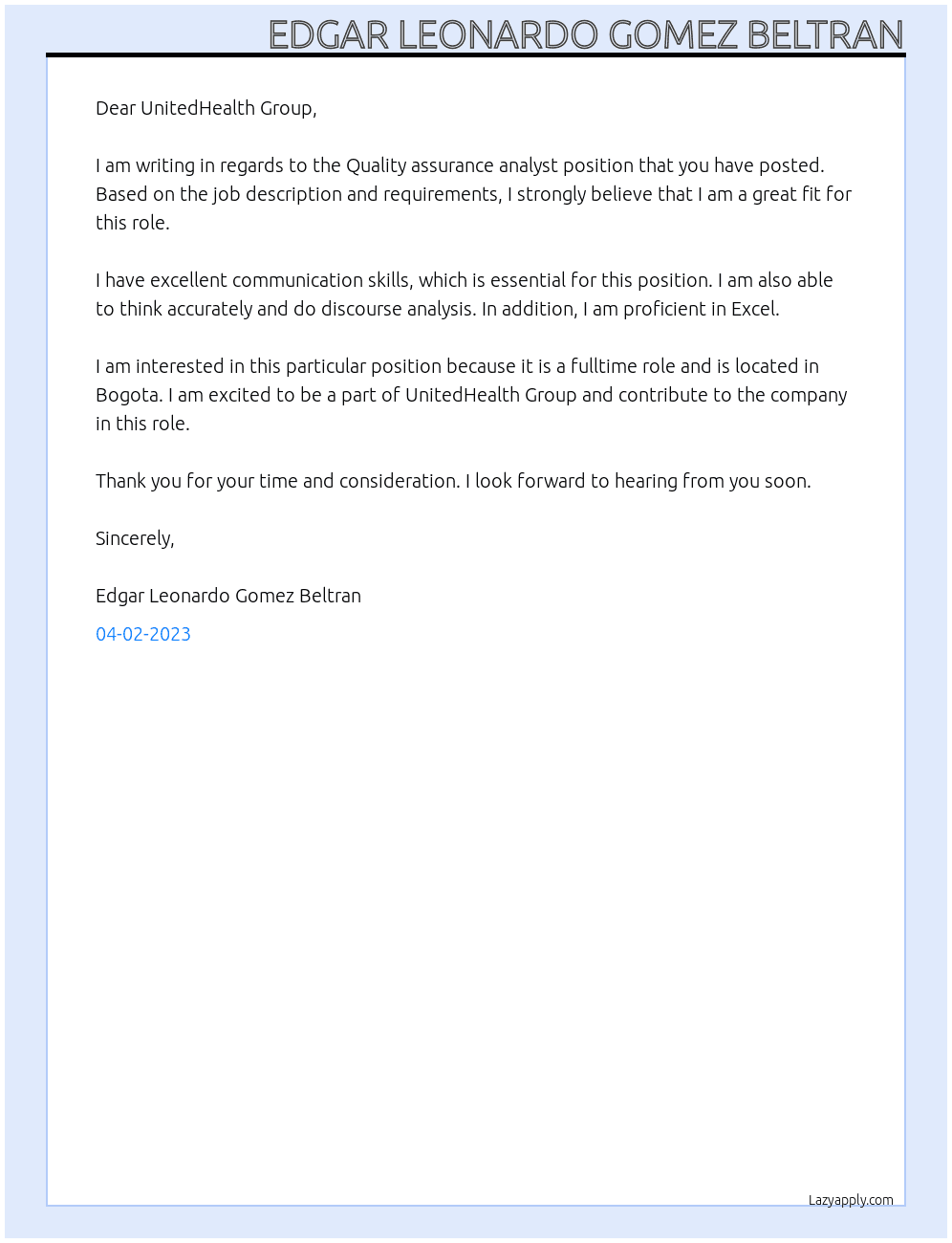 Quality assurance analyst At UnitedHealth Group Cover Letter