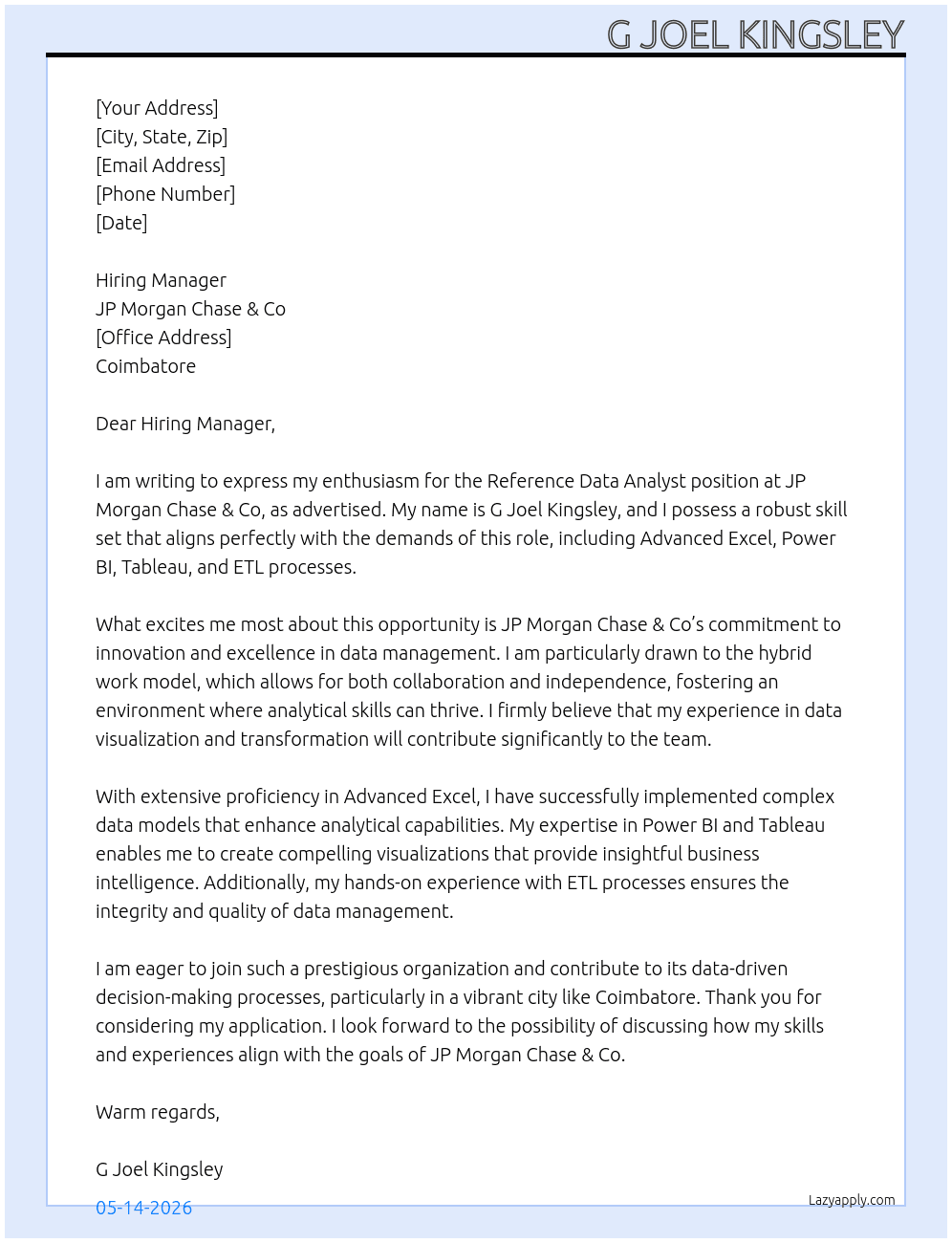Reference Data Analyst At JP Morgan Chase & Co Cover Letter