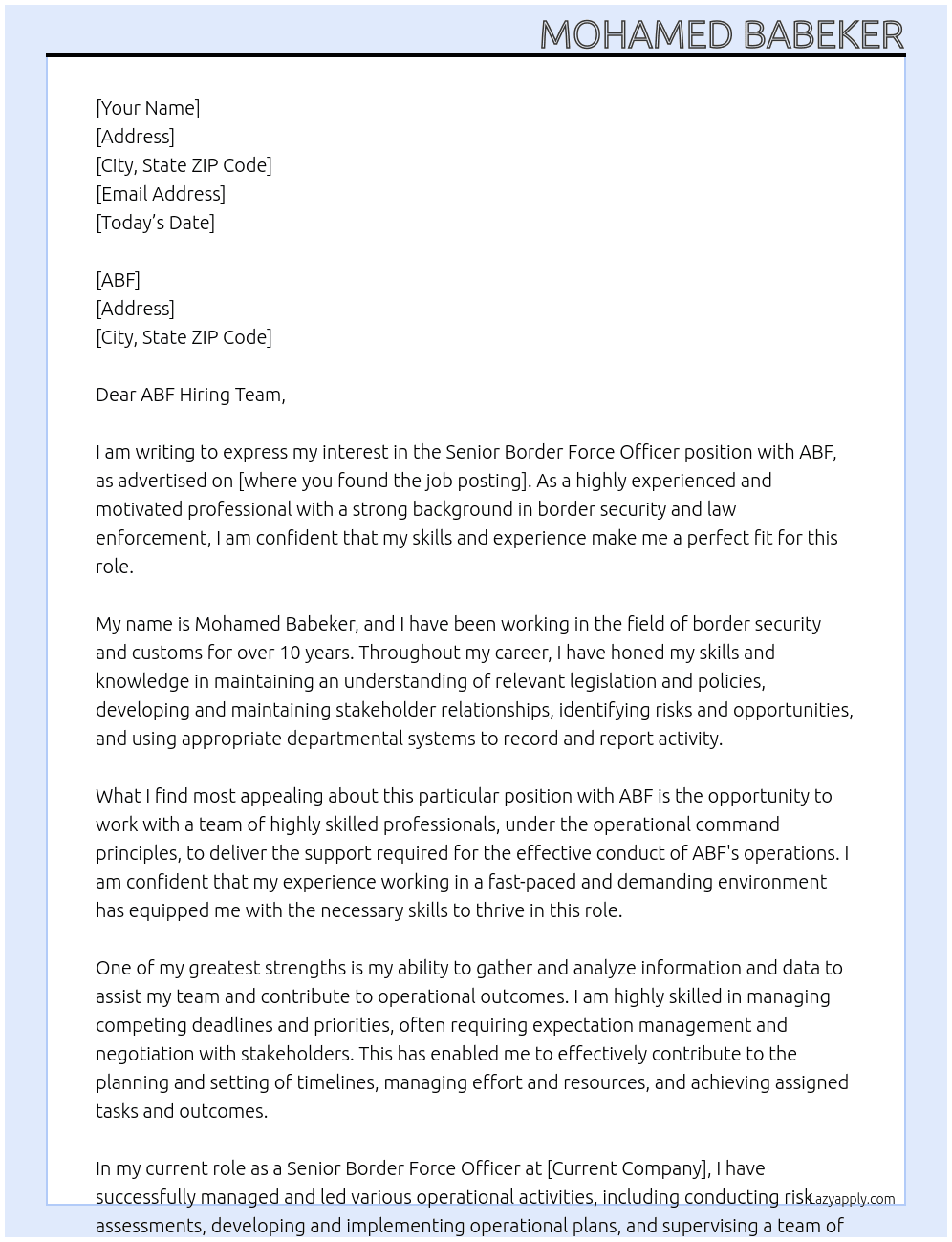 Senior Broder Forcer Officer At ABF Cover Letter