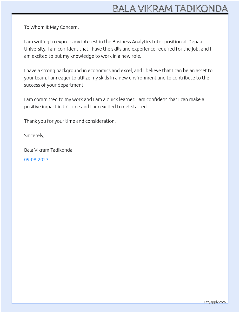 Business Analytics tutor At Depaul University Cover Letter