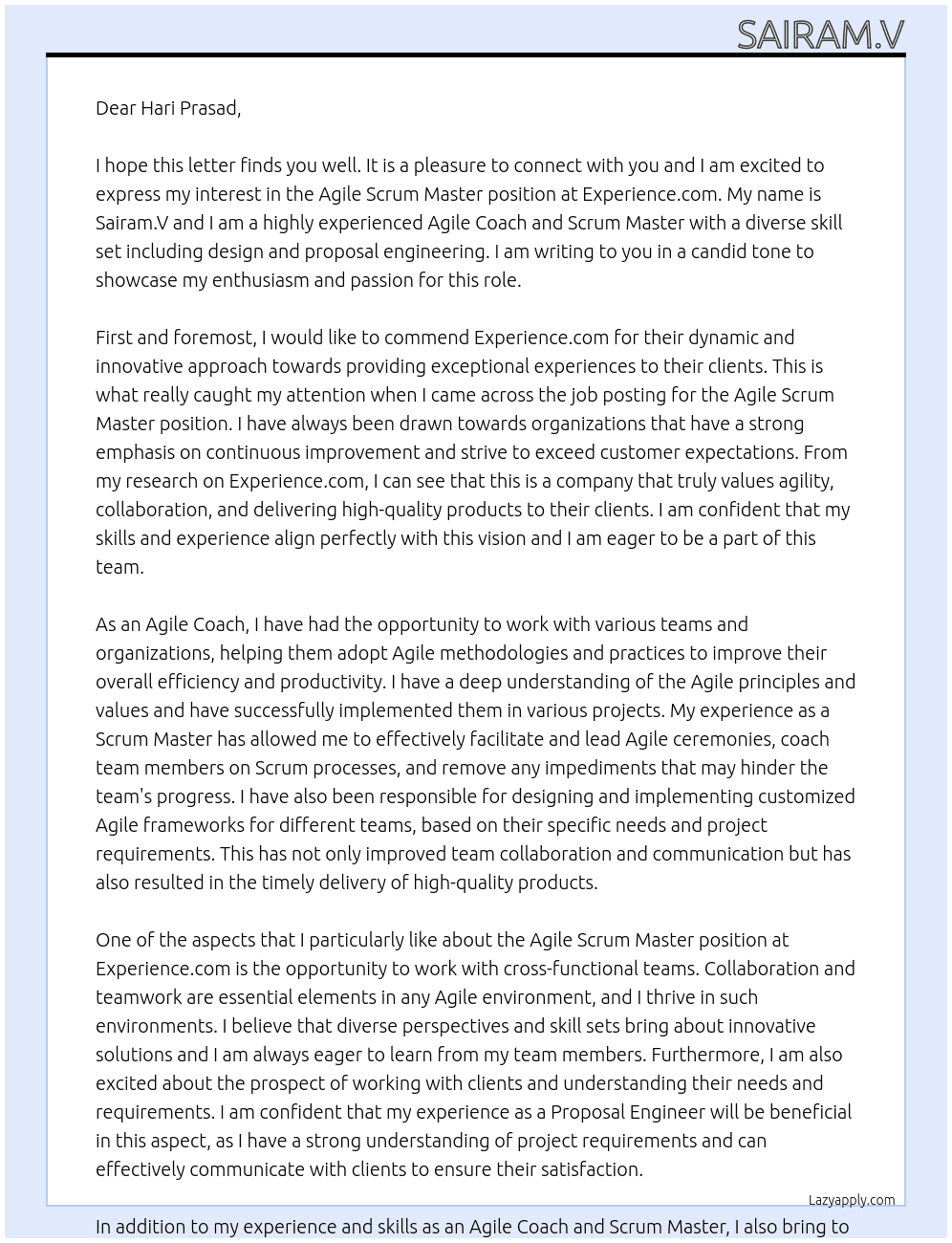 Agile Scrum Master At Experience.com Cover Letter