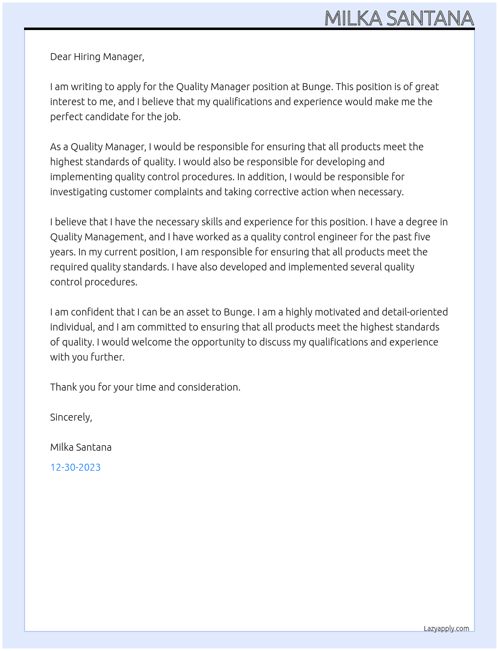 Quality Manager At Bunge Cover Letter