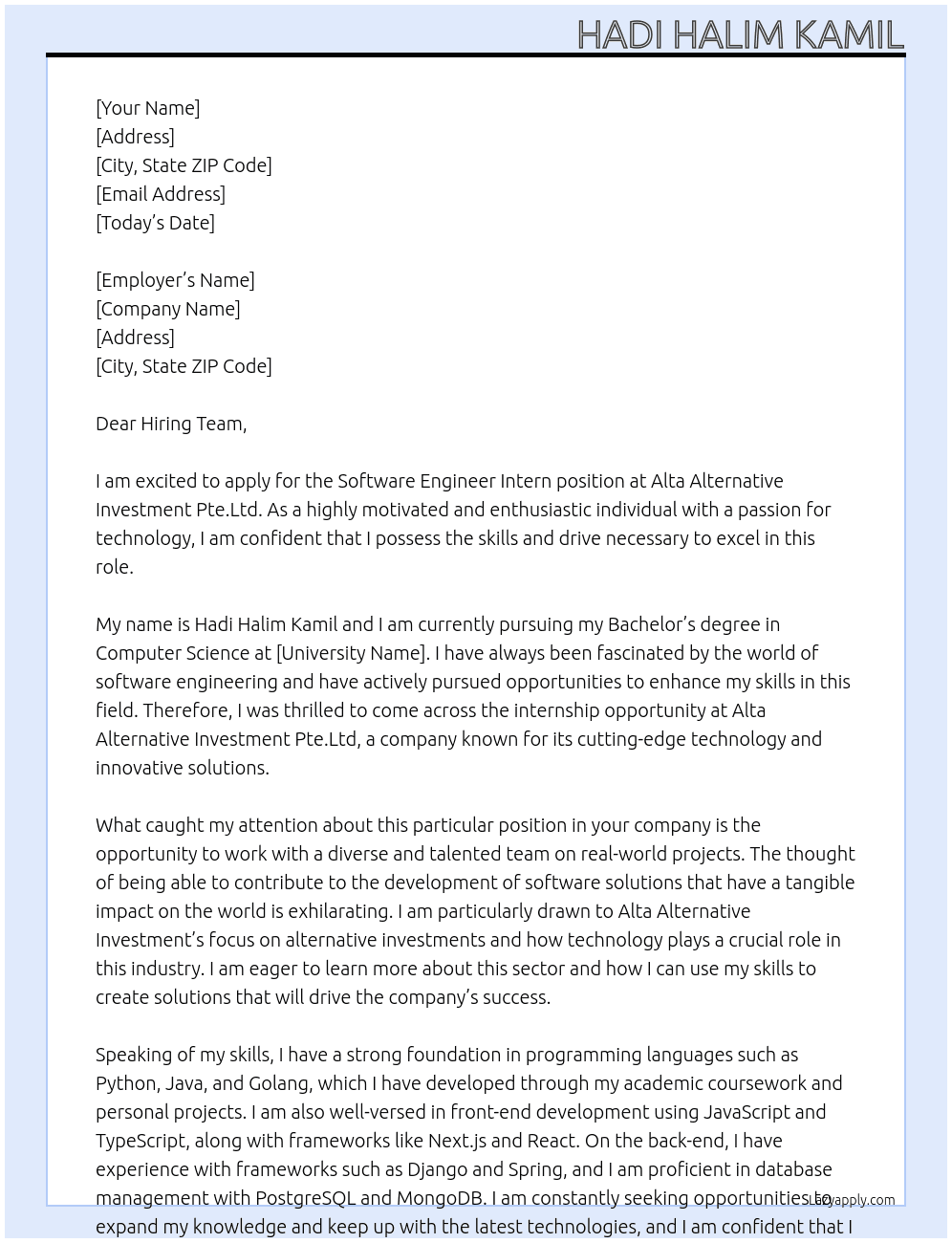Software Engineer Intern At Alta Alternative Investment Pte.Ltd Cover Letter
