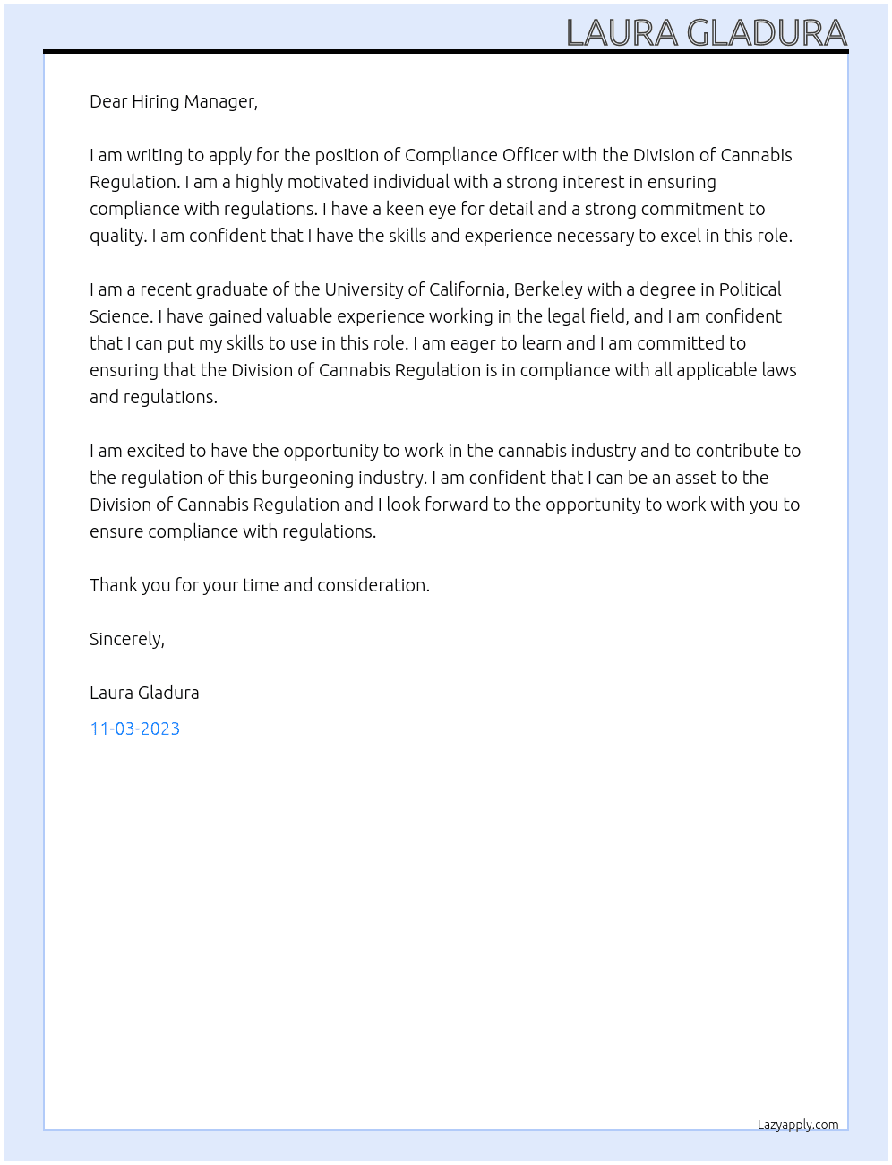 Compliance Officer At Division of Cannabis Regulation Cover Letter