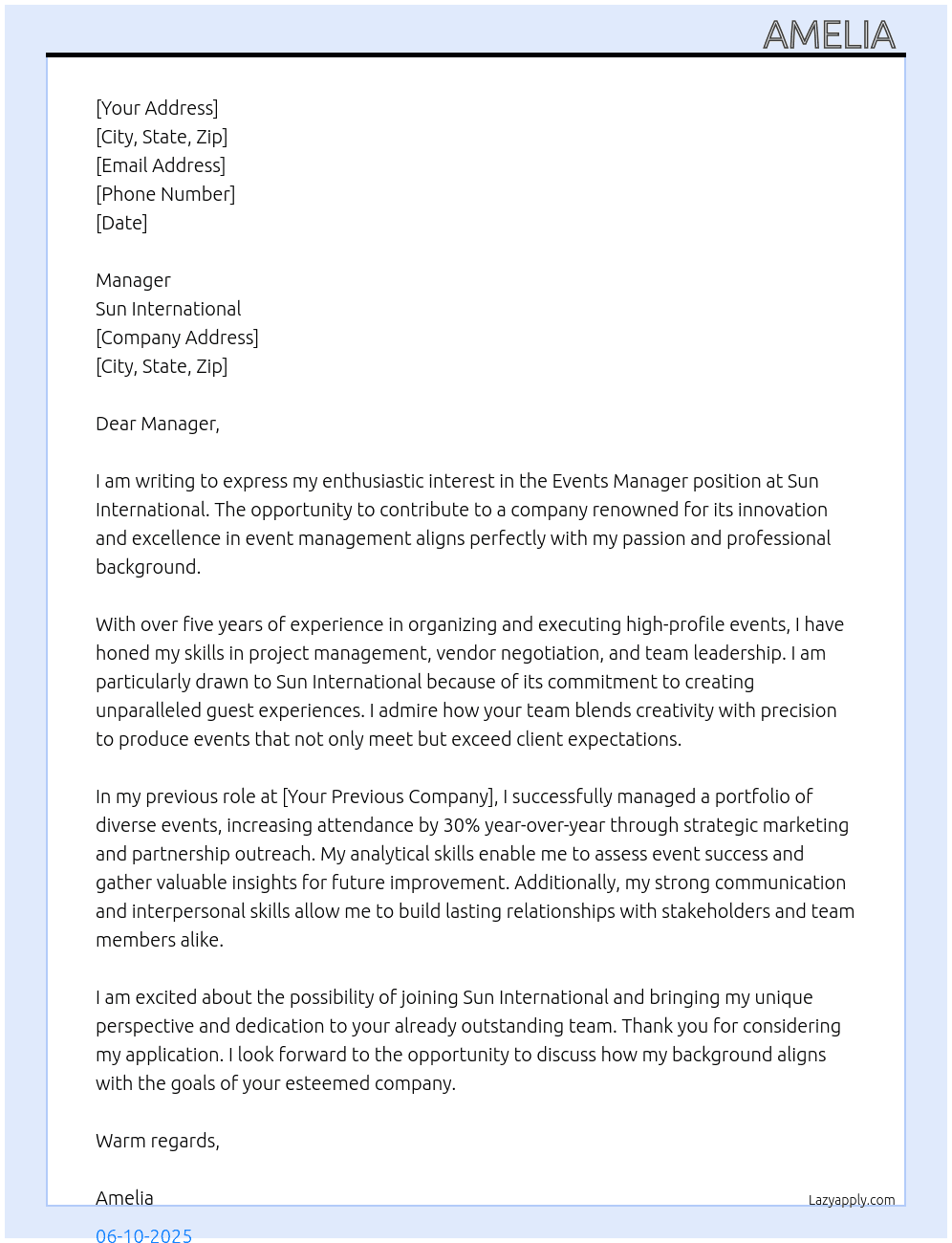 Events manager  At Sun international  Cover Letter
