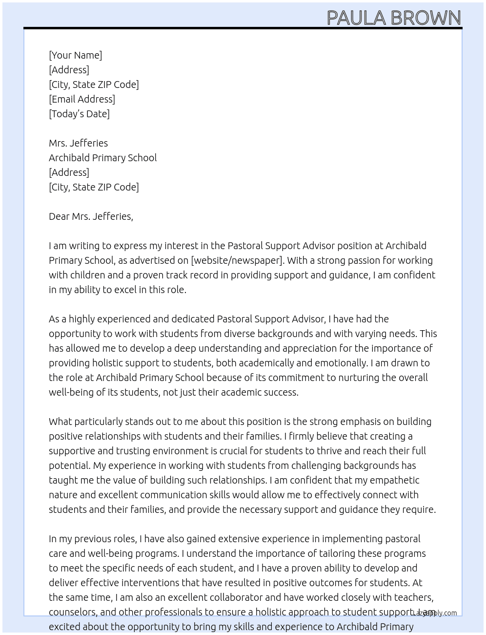 Pastoral Support Advisor At Archibald Primary School Cover Letter