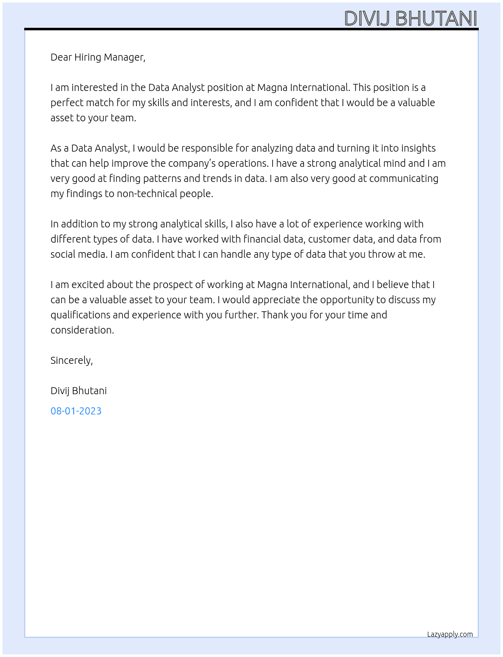 Data Analyst At Magna International Cover Letter