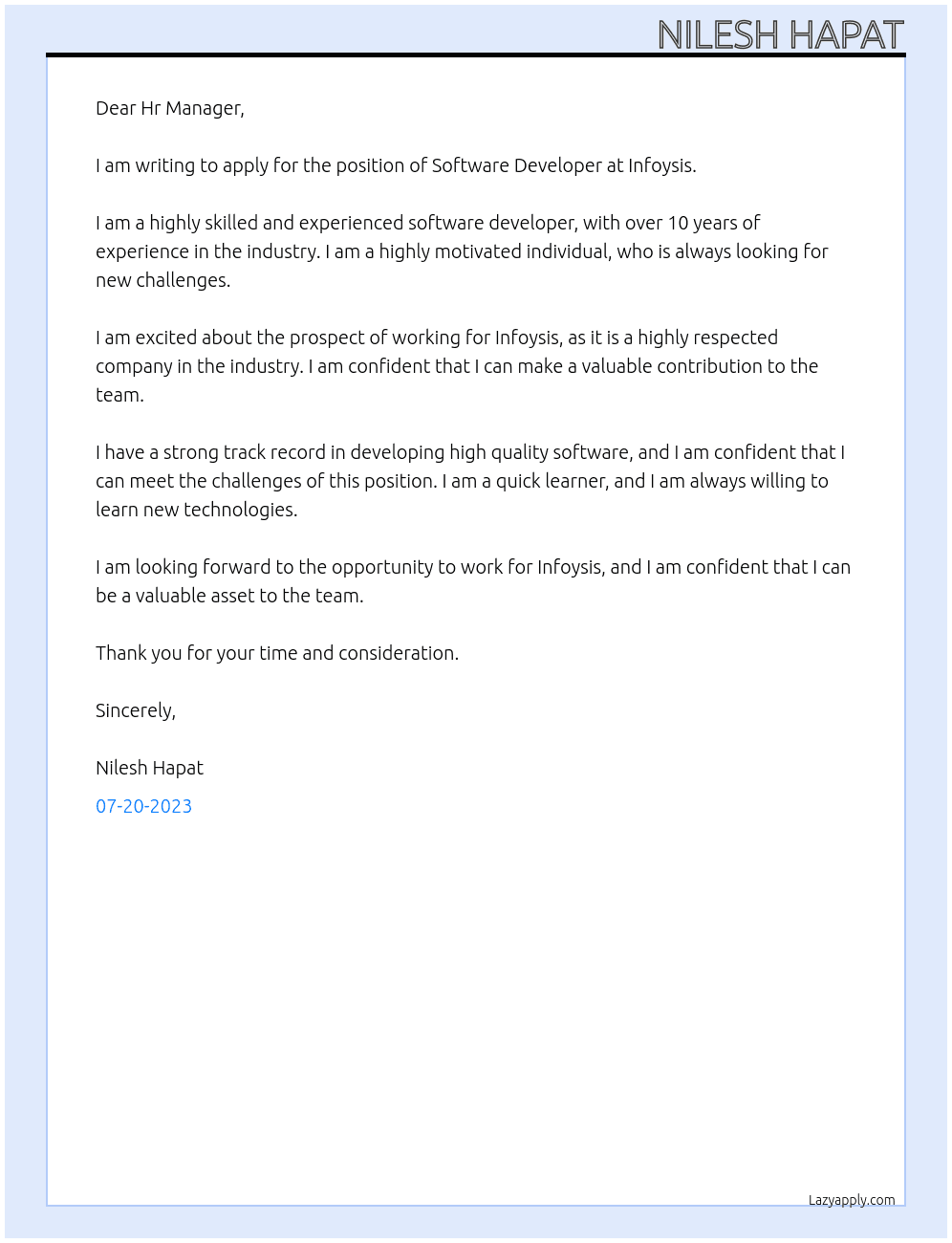 Software devloper At Infoysis Cover Letter