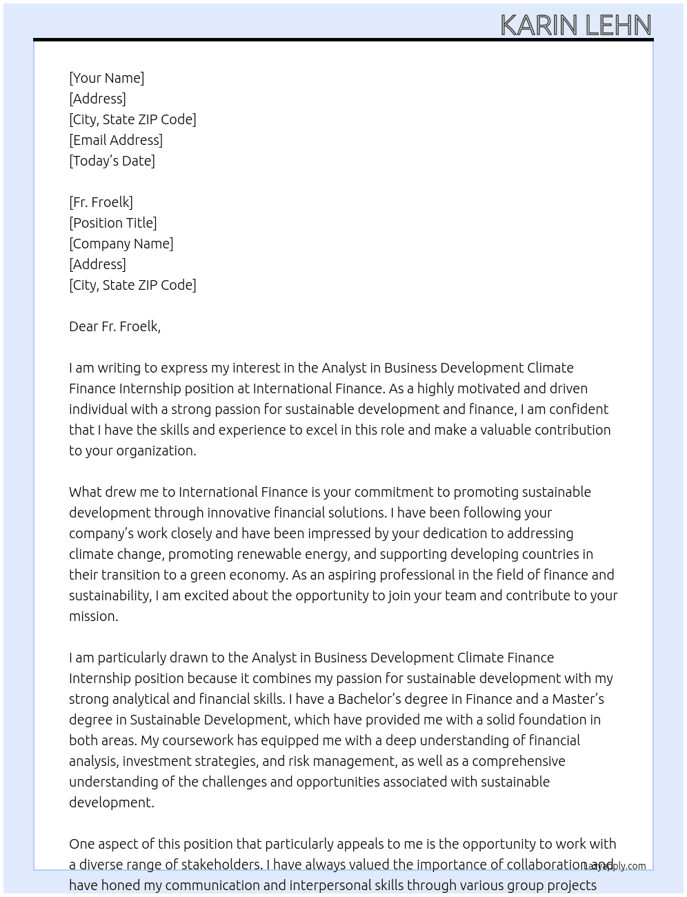 Analyst in business development climate finance internship At International finance Cover Letter