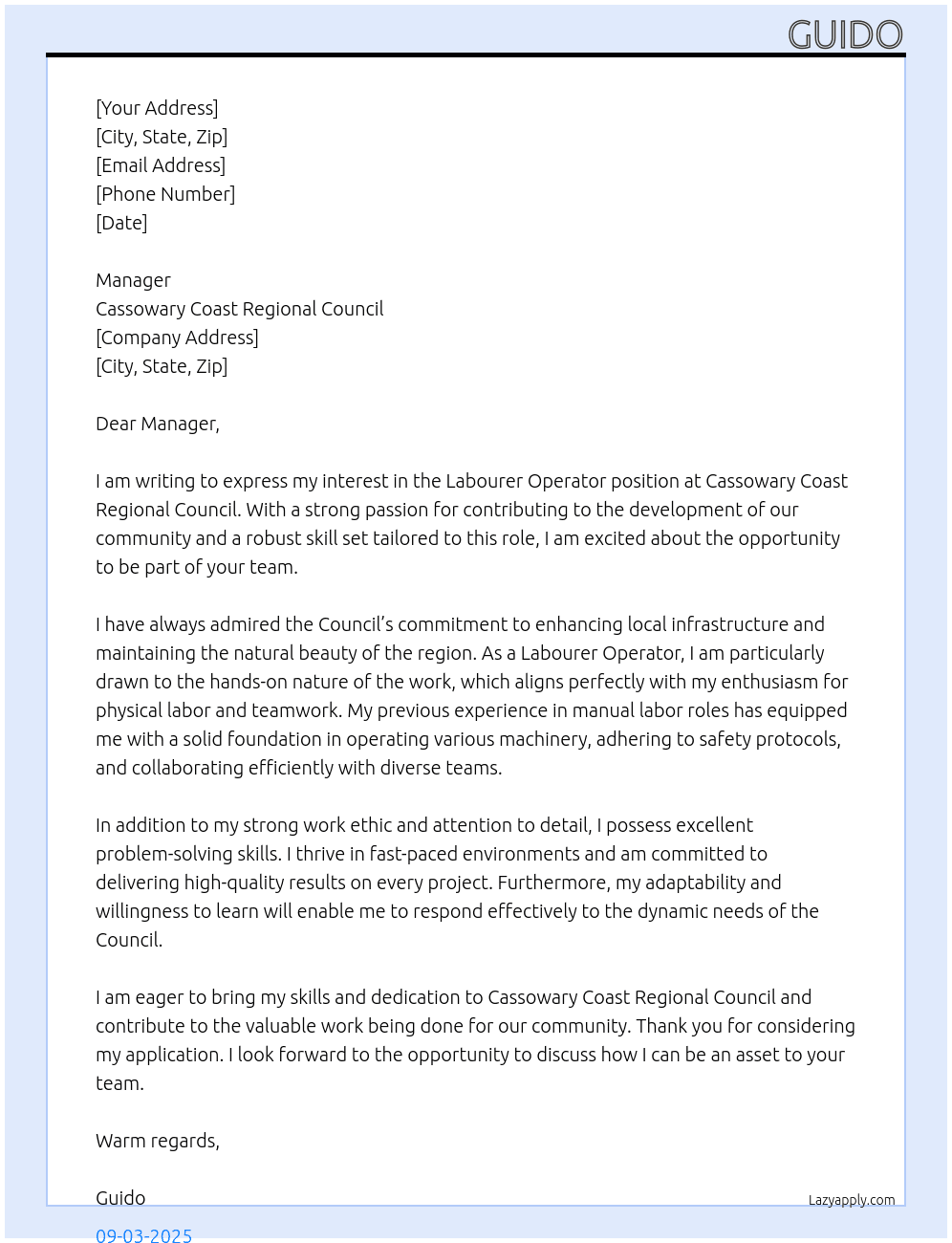 Labourer Operator  At Cassowary Coast Regional Council Cover Letter