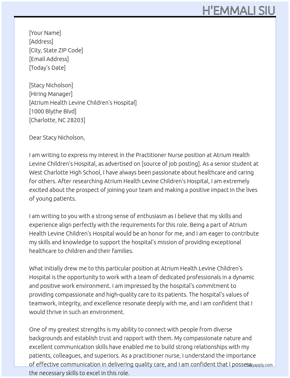 Practitioner nurse  At Atrium Health Levine Children's Hospital Cover Letter