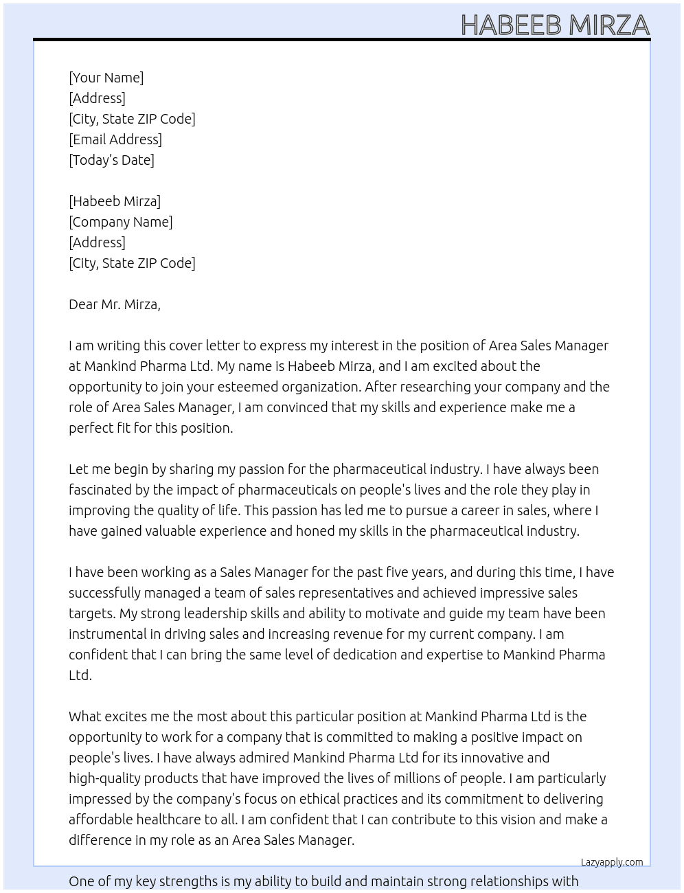 AREA SALES MANAGER At MANKIND PHARMA LTD Cover Letter