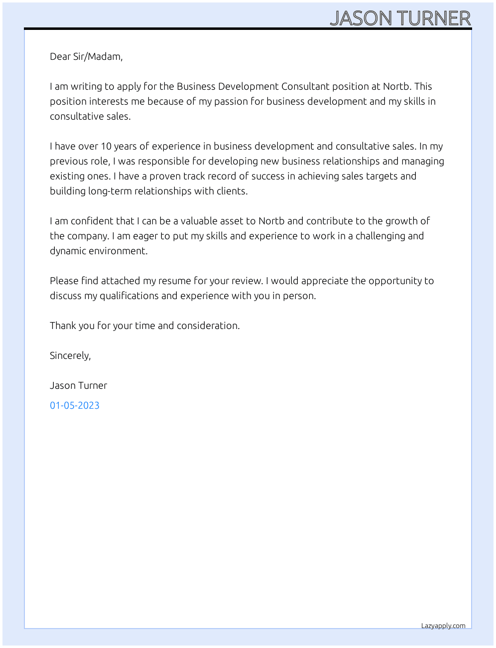 Business Development Consultant At Nortb Cover Letter