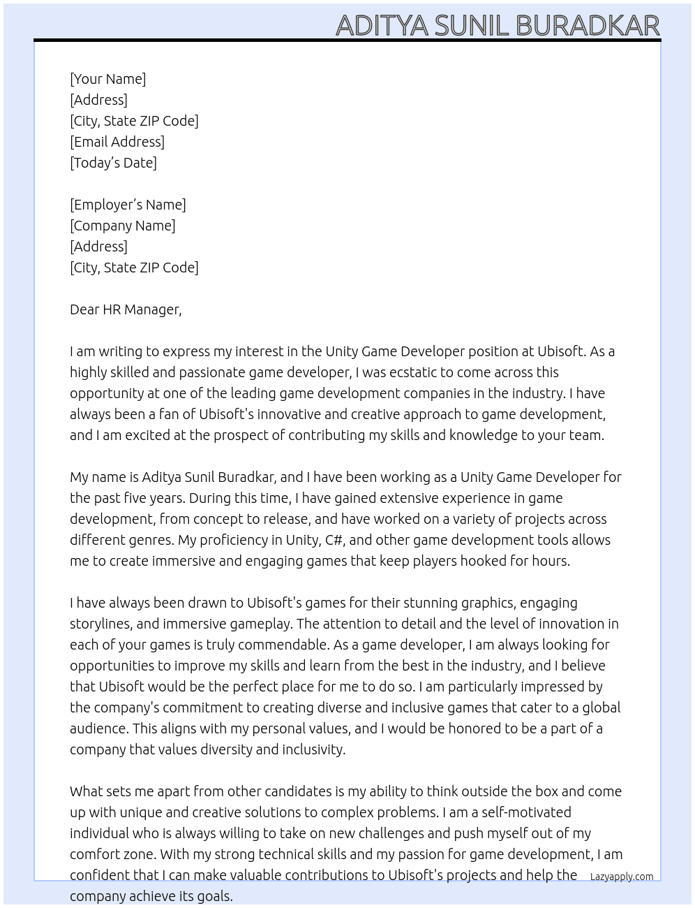 Unity Game Developer At Ubisoft Cover Letter