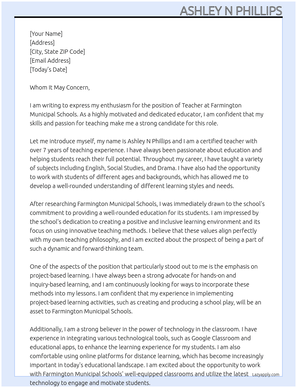 Teacher At Farmington Municipal Schools Cover Letter