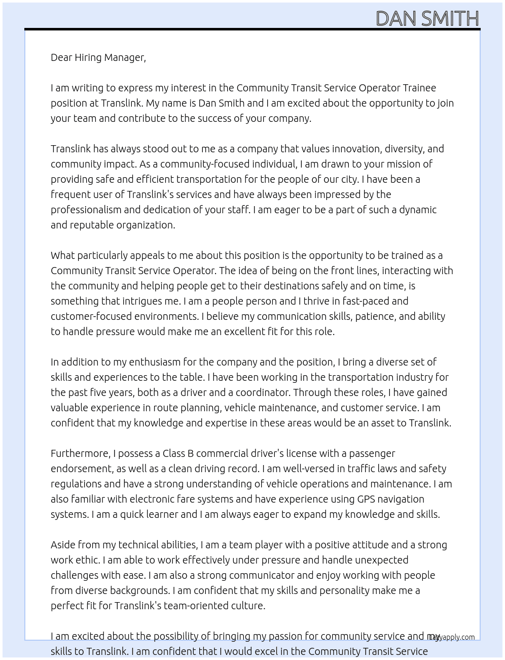 Community Transit Service Operator Trainee At Translink Cover Letter