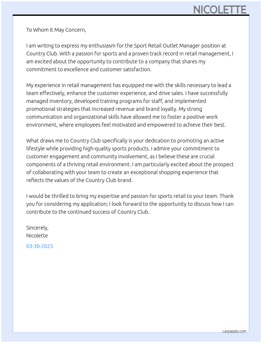 Sport retail outlet manager  At Country club Cover Letter