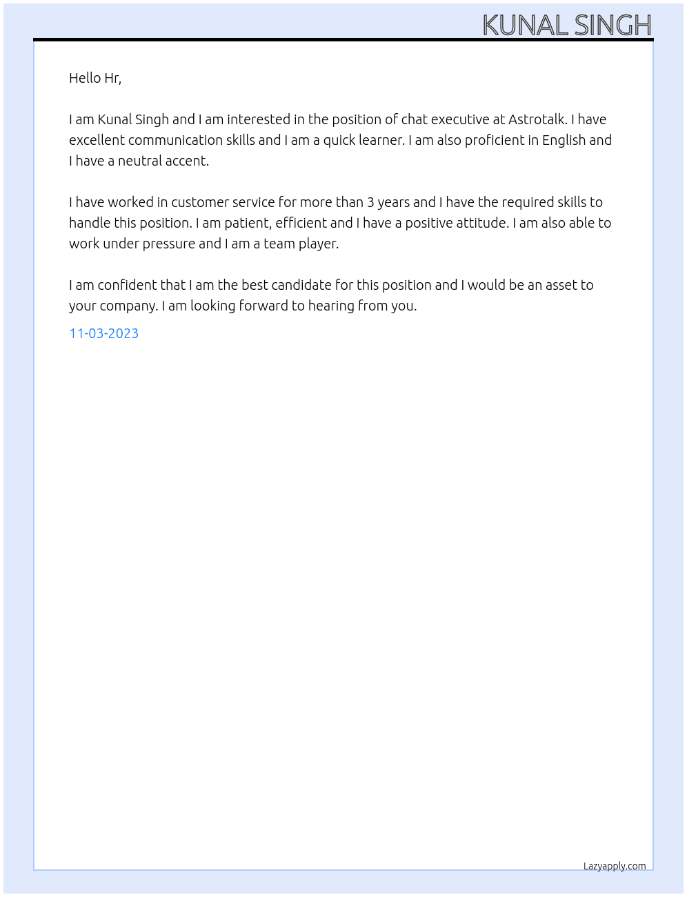 Chat executive  At Astrotalk Cover Letter