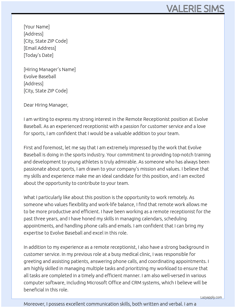 Remote receptionist  At Evolve Baseball Cover Letter