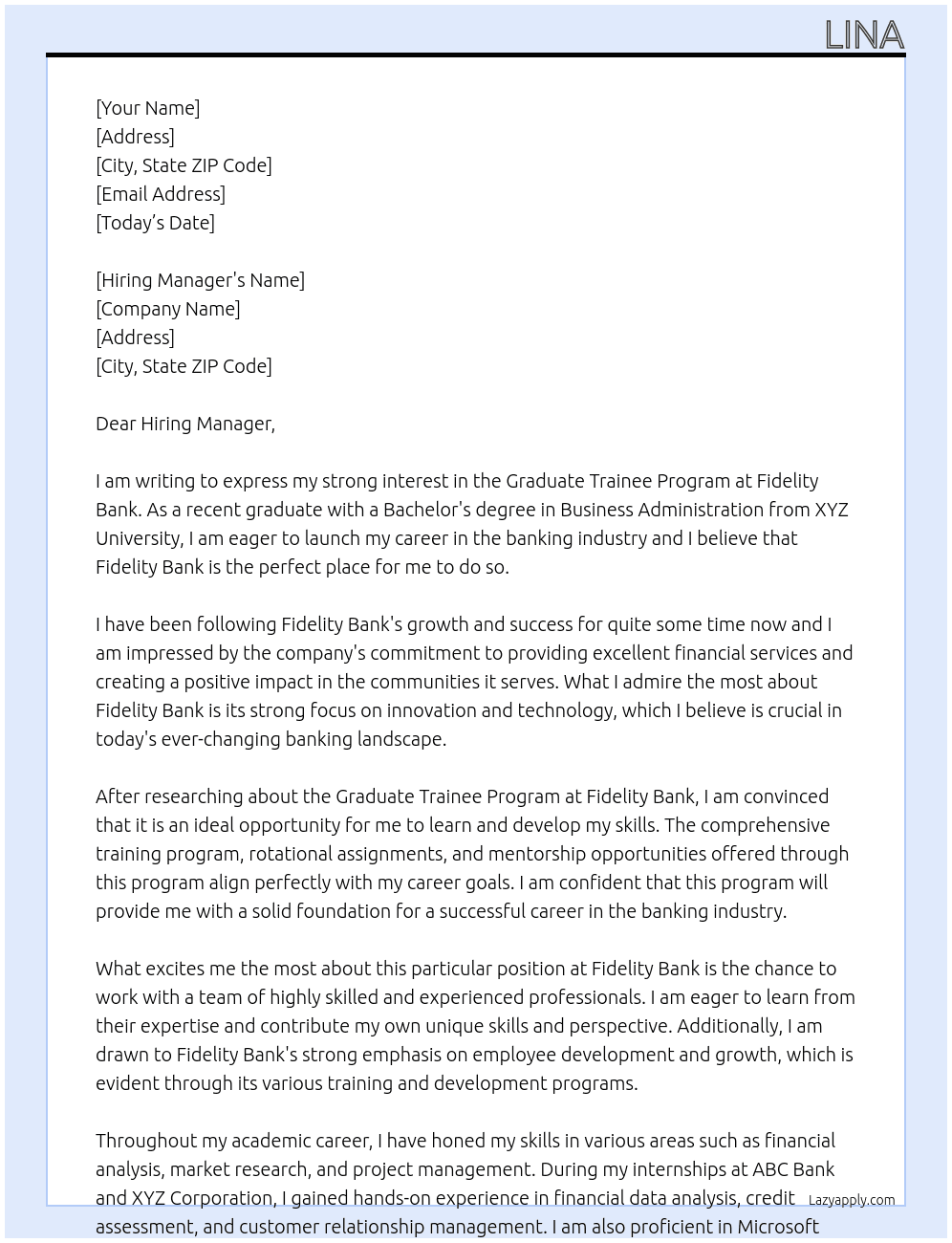 Graduate trainee program At Fidelity Bank Cover Letter