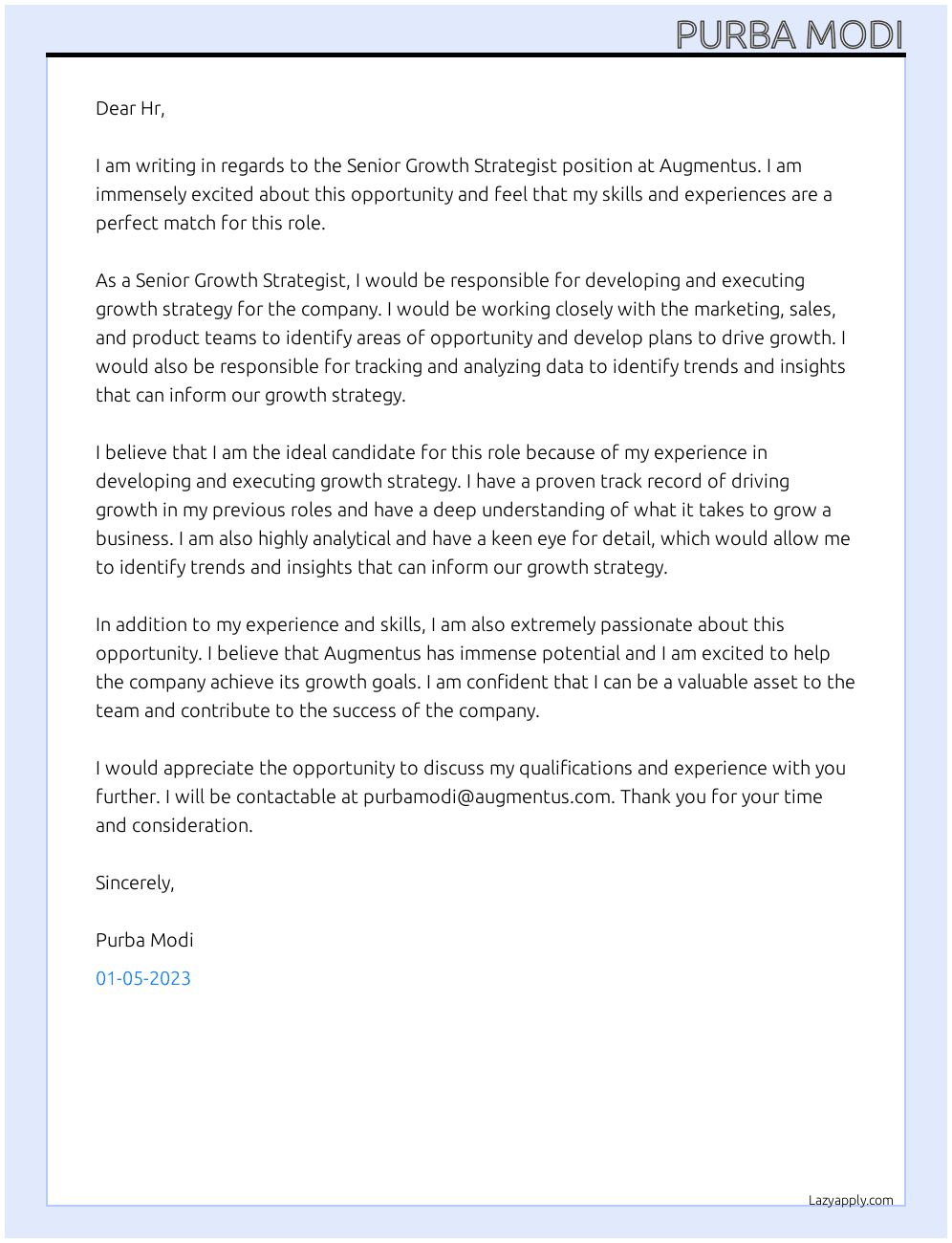 Senior Growth Strategist At Augmentus Cover Letter